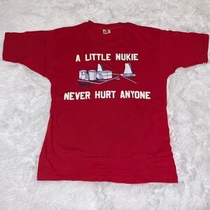 Vintage 70s Red T-Shirt Nuclear Humor XL A‎ Little Nukie Never Hurt Anyone